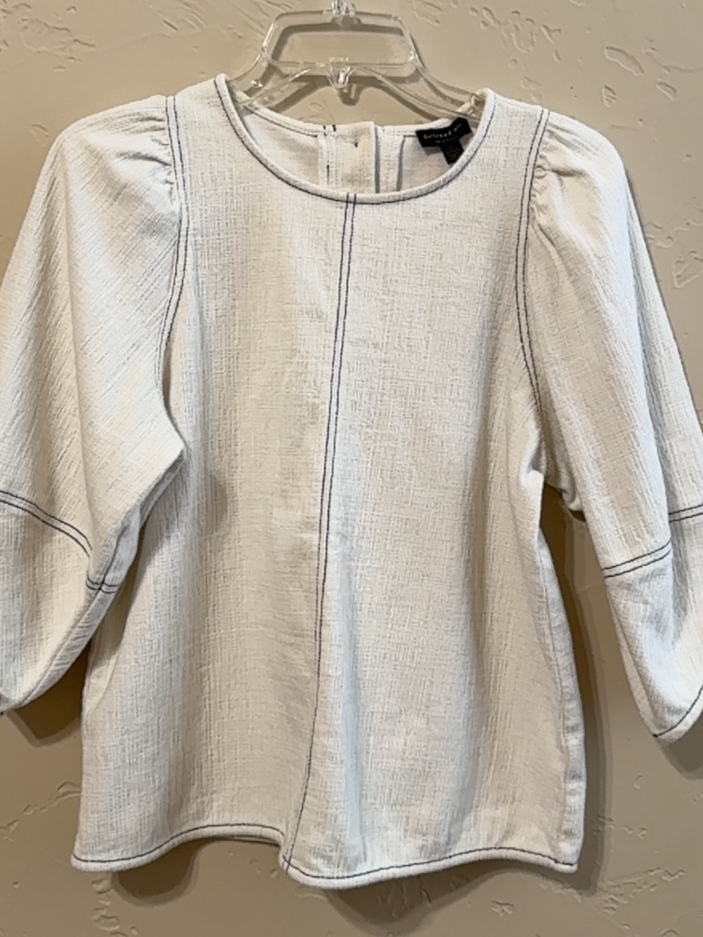 Anthropologie Cream Textured Puff-Sleeve Blouse with Contrast Stitching